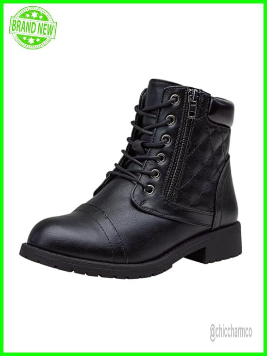 Shoes - Wide Width Faux Leather Combat Ankle Boots Low Heel Lace Up Zipper